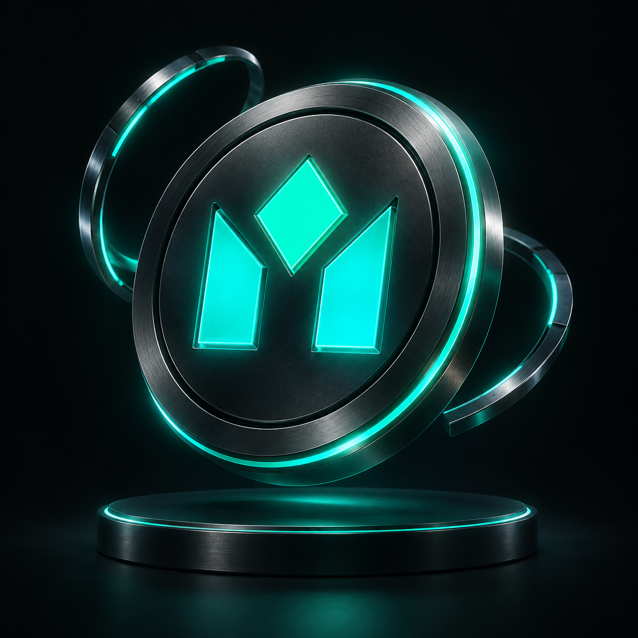 Token Mintora con emblema menta y órbitas metálicas